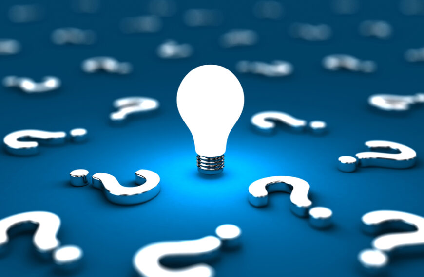 Many questions with one lightbulb on a blue background