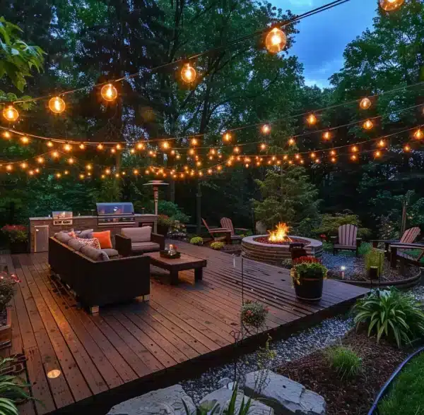 lovely backyard with lighting and a firepit