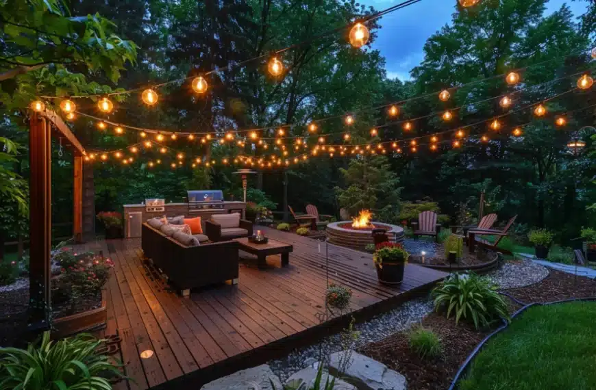 lovely backyard with lighting and a firepit