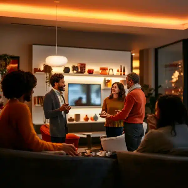 Living room with people and wall mountings
