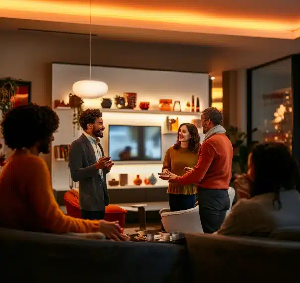 Living room with people and wall mountings