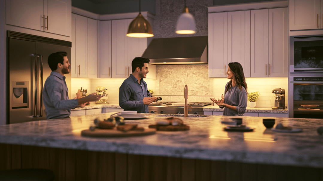 A modern kitchen with LED under-cabinet lighting