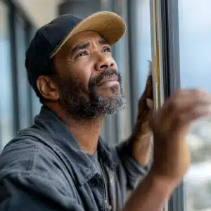 handyman inspecting weatherstripping on a window