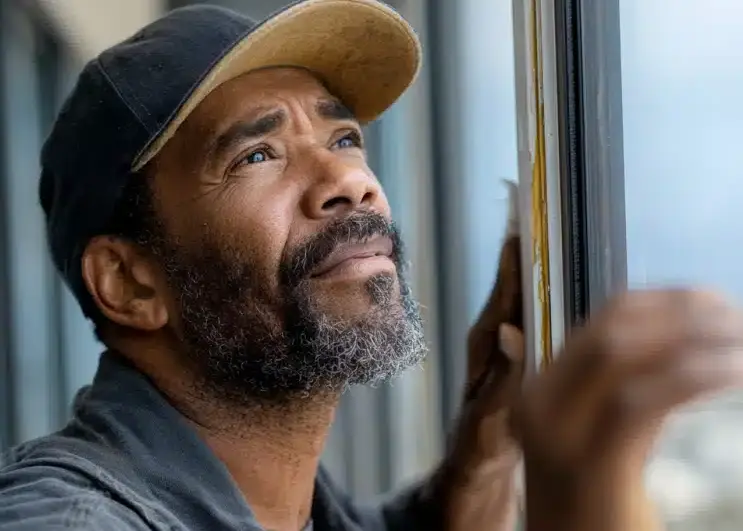 handyman inspecting weatherstripping on a window